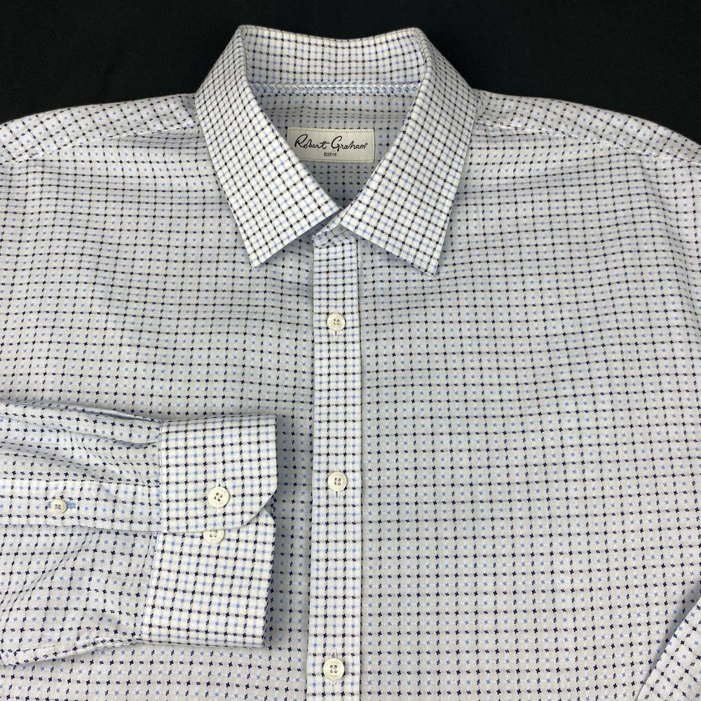 Robert Graham Shirt Mens 18 (46) White w/Blue Plus Sign Weave Regular Fit